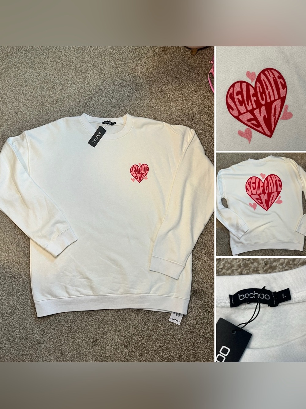 Boohoo White 'Self Care' Heart Graphic Sweatshirt